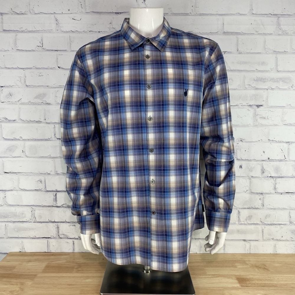 John Varvatos Shirt‎ Men's XL Extra Large Long Sleeve Button Up Blue Plaid Logo